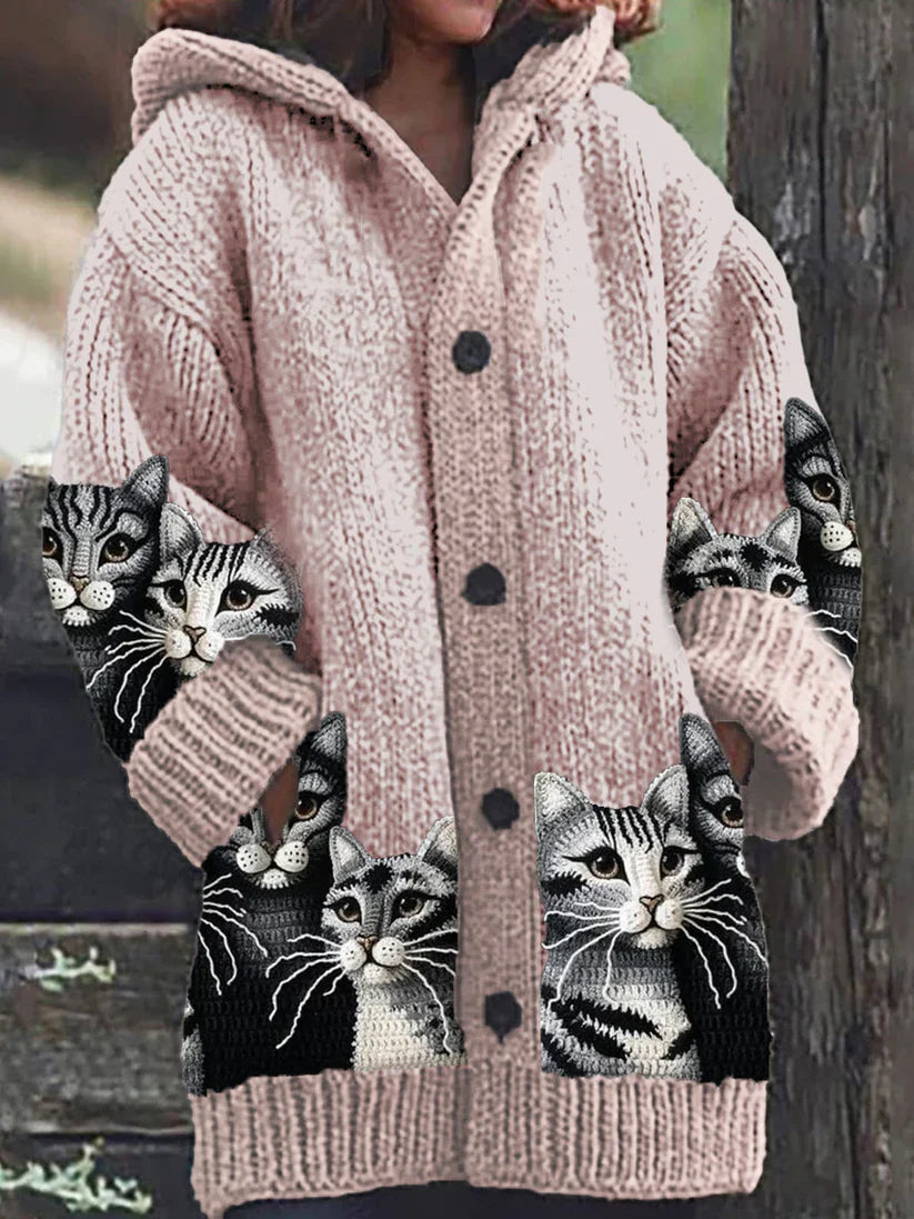 Rétro mignon Pet Print Button Up épais chandail à capuchon à manches longues Cardigan