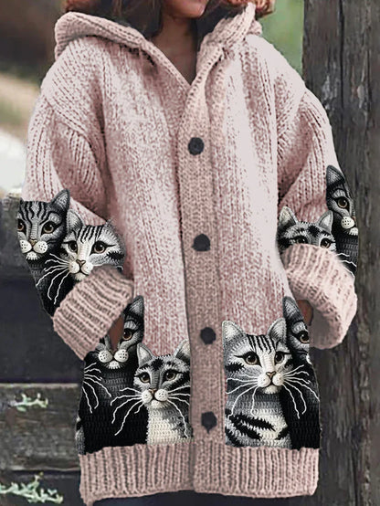 Rétro mignon Pet Print Button Up épais chandail à capuchon à manches longues Cardigan