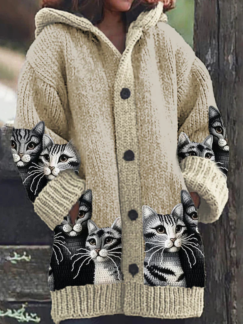 Rétro mignon Pet Print Button Up épais chandail à capuchon à manches longues Cardigan