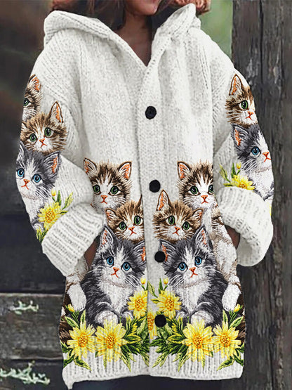 Mignon Chat Imprimer Bouton Épais Long Pull Cardigan à Capuche