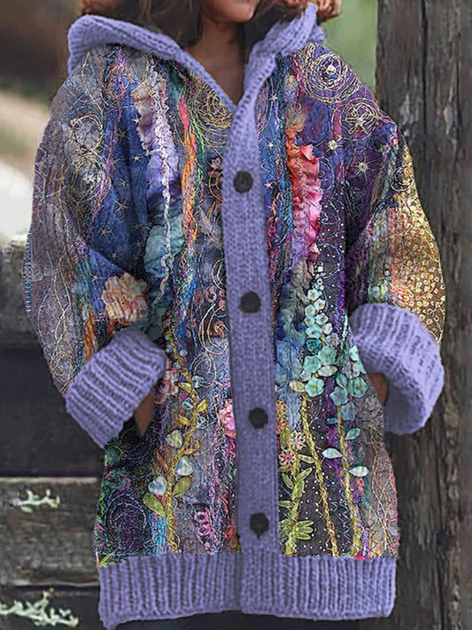 Cardigan à capuche en tricot décontracté à motif floral pour femmes
