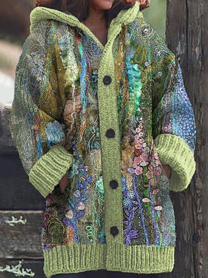 Cardigan à capuche en tricot décontracté à motif floral pour femmes