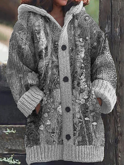 Cardigan à capuche en tricot décontracté à motif floral pour femmes