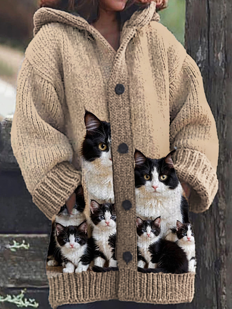 Motif de chat mignon des femmes tricoté décontracté chaud à capuche Cardigan