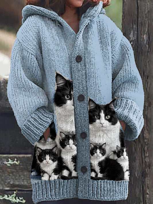Motif de chat mignon des femmes tricoté décontracté chaud à capuche Cardigan
