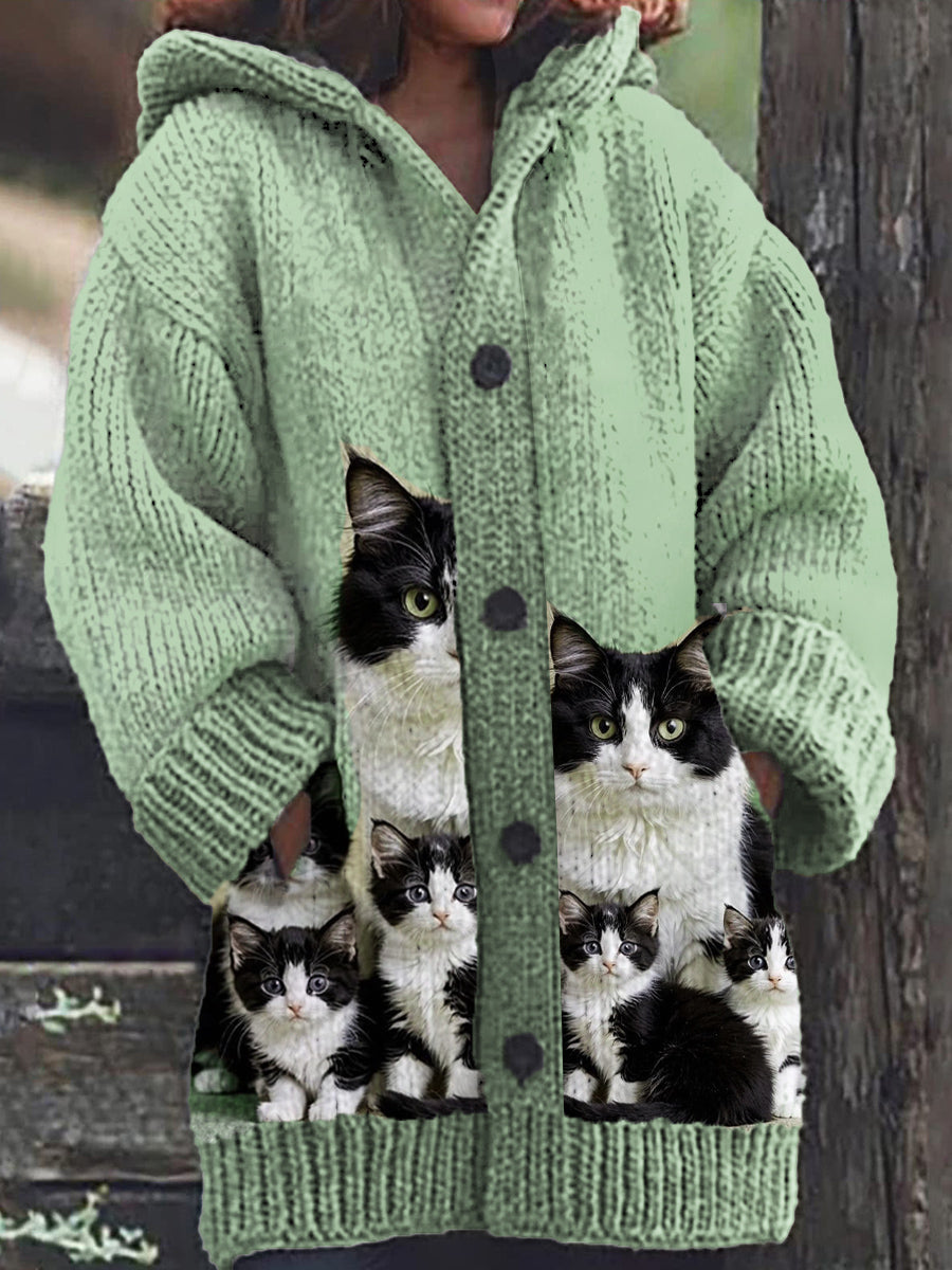 Motif de chat mignon des femmes tricoté décontracté chaud à capuche Cardigan