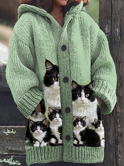 Motif de chat mignon des femmes tricoté décontracté chaud à capuche Cardigan