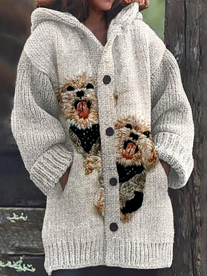 Rétro Animal Art Sans Couture Broderie Bouton D'impression Épais Cardigan À Capuche À Manches Longues