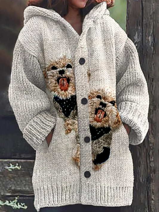 Rétro Animal Art Sans Couture Broderie Bouton D'impression Épais Cardigan À Capuche À Manches Longues