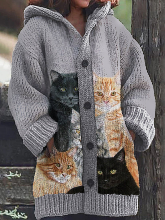 Motif de chat noir des femmes bouton Casual chaud Cardigan à capuche