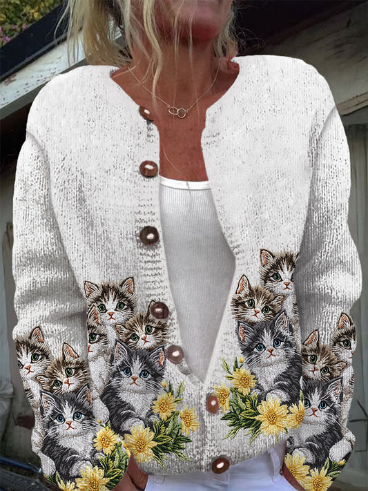 Cardigan en tricot à manches longues décontracté imprimé chat mignon