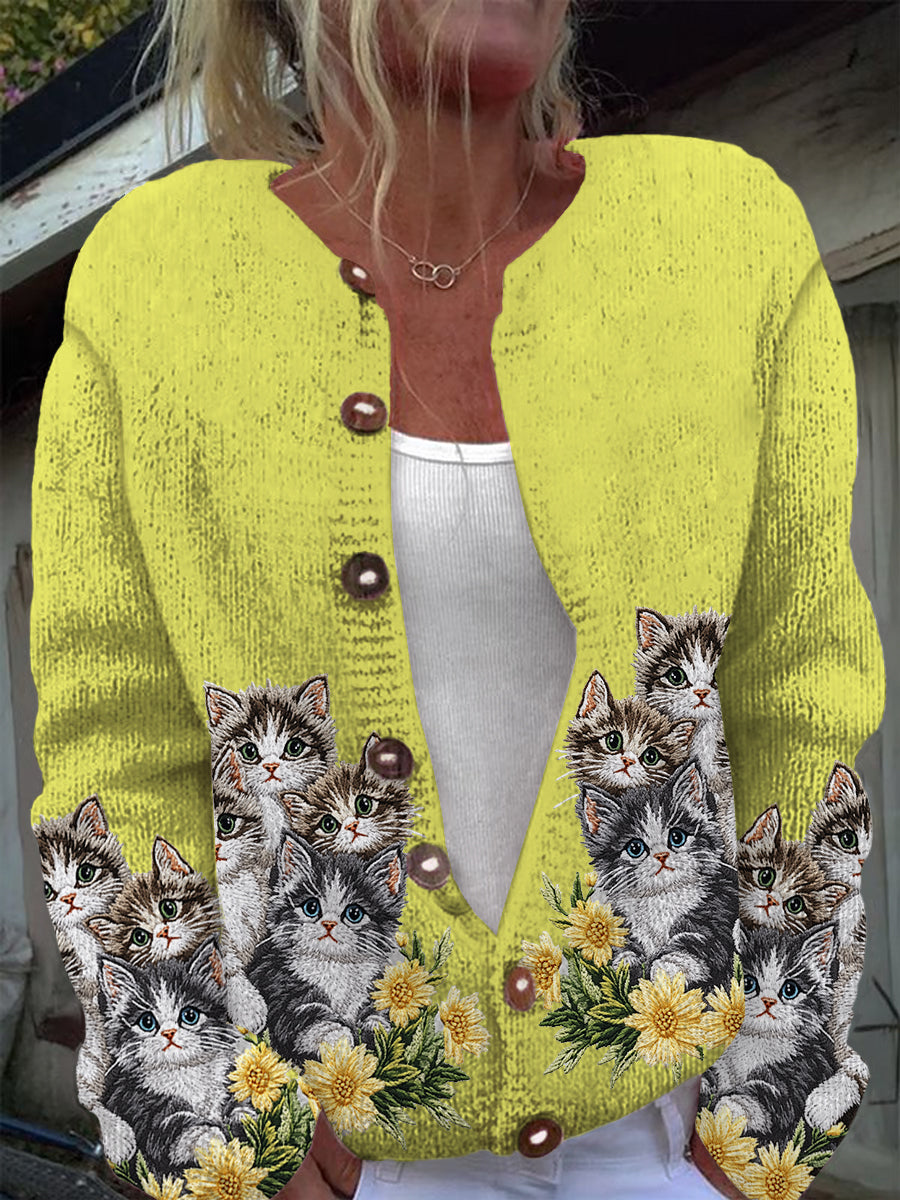 Cardigan en tricot à manches longues décontracté imprimé chat mignon