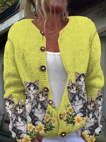 Cardigan en tricot à manches longues décontracté imprimé chat mignon