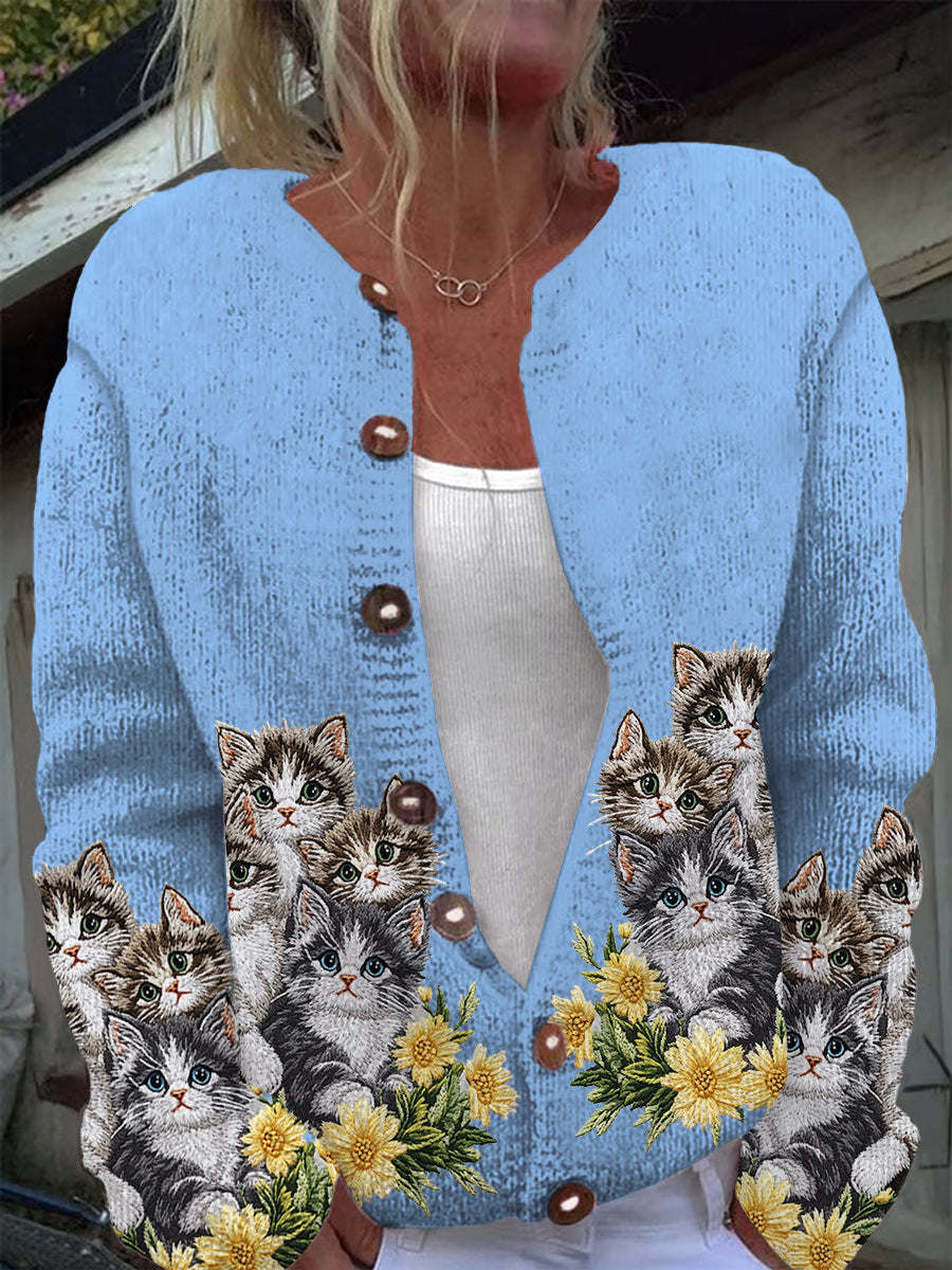 Cardigan en tricot à manches longues décontracté imprimé chat mignon
