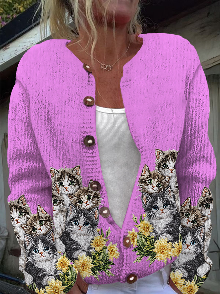 Cardigan en tricot à manches longues décontracté imprimé chat mignon