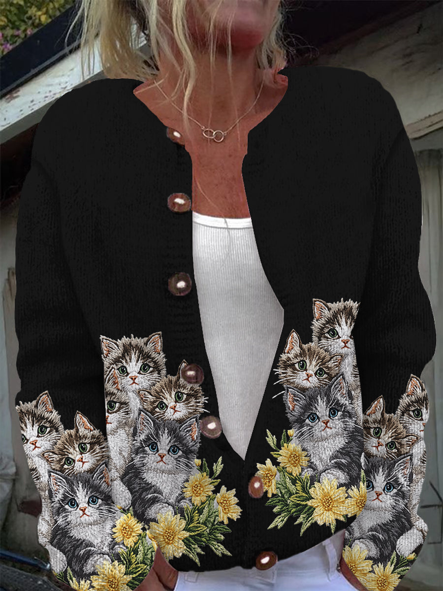 Cardigan en tricot à manches longues décontracté imprimé chat mignon