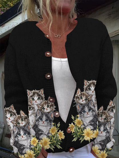 Cardigan en tricot à manches longues décontracté imprimé chat mignon