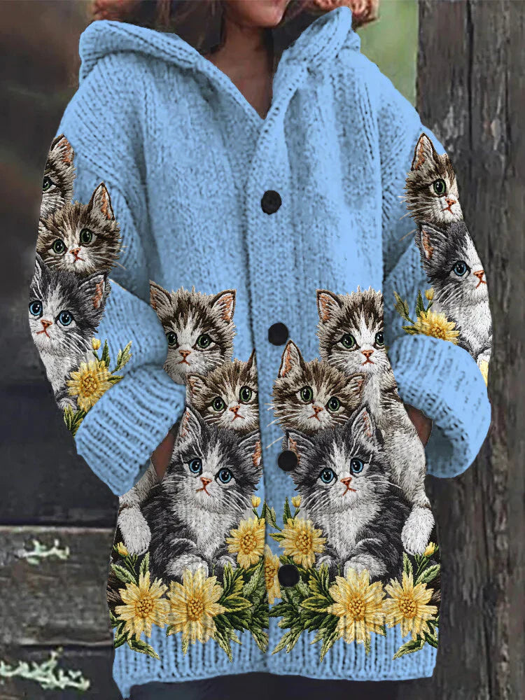 Mignon Chat Imprimer Bouton Épais Long Pull Cardigan à Capuche