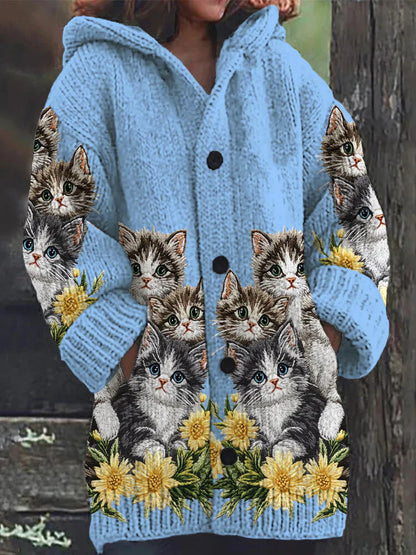 Mignon Chat Imprimer Bouton Épais Long Pull Cardigan à Capuche