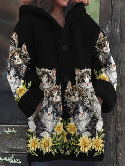 Mignon Chat Imprimer Bouton Épais Long Pull Cardigan à Capuche