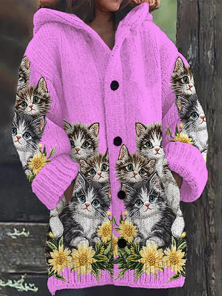Mignon Chat Imprimer Bouton Épais Long Pull Cardigan à Capuche