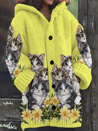 Mignon Chat Imprimer Bouton Épais Long Pull Cardigan à Capuche