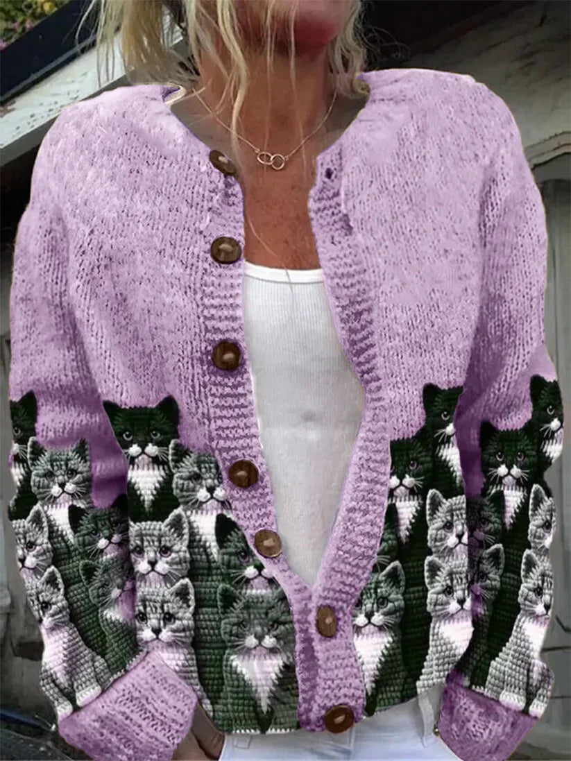 Élégant Rétro Chat Imprimé Boutonné Décontracté À Manches Longues En Tricot Cardigan Pull