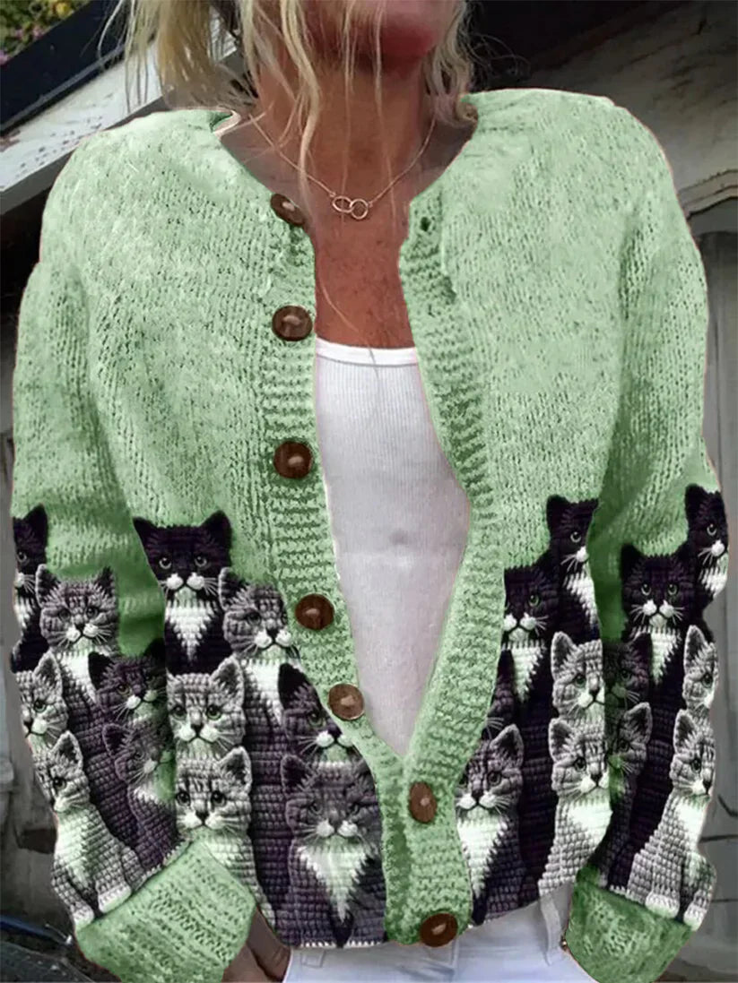 Élégant Rétro Chat Imprimé Boutonné Décontracté À Manches Longues En Tricot Cardigan Pull