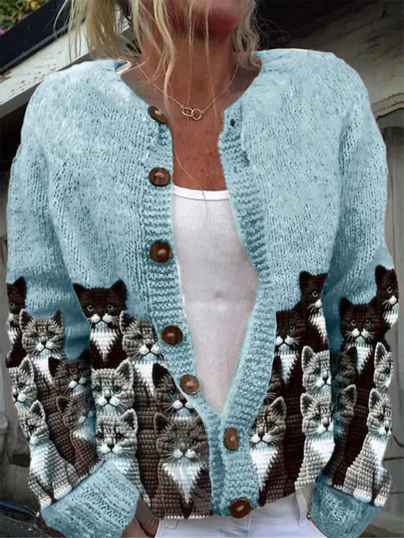 Élégant Rétro Chat Imprimé Boutonné Décontracté À Manches Longues En Tricot Cardigan Pull