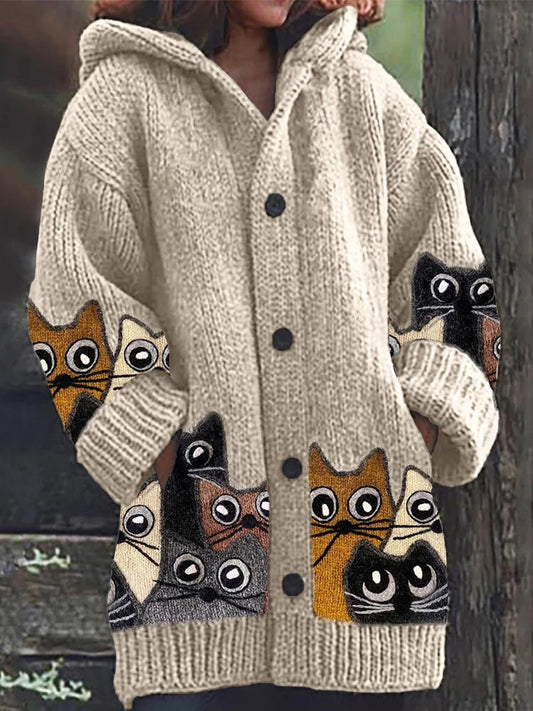Cardigan à capuche épais à manches longues Vintage Animal Art Print Button