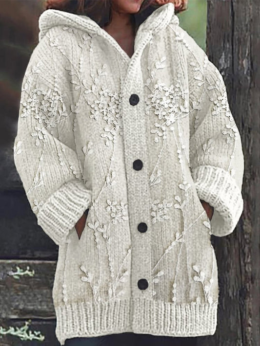 Rétro Romantique Dentelle Floral Imprimer Bouton Épais À Manches Longues À Capuche Cardigan Pull En Tricot