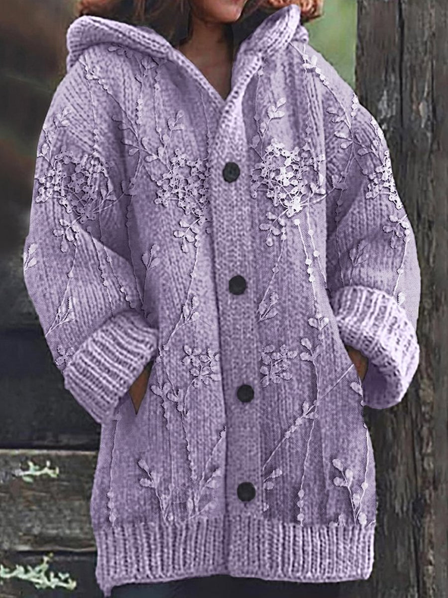 Rétro Romantique Dentelle Floral Imprimer Bouton Épais À Manches Longues À Capuche Cardigan Pull En Tricot