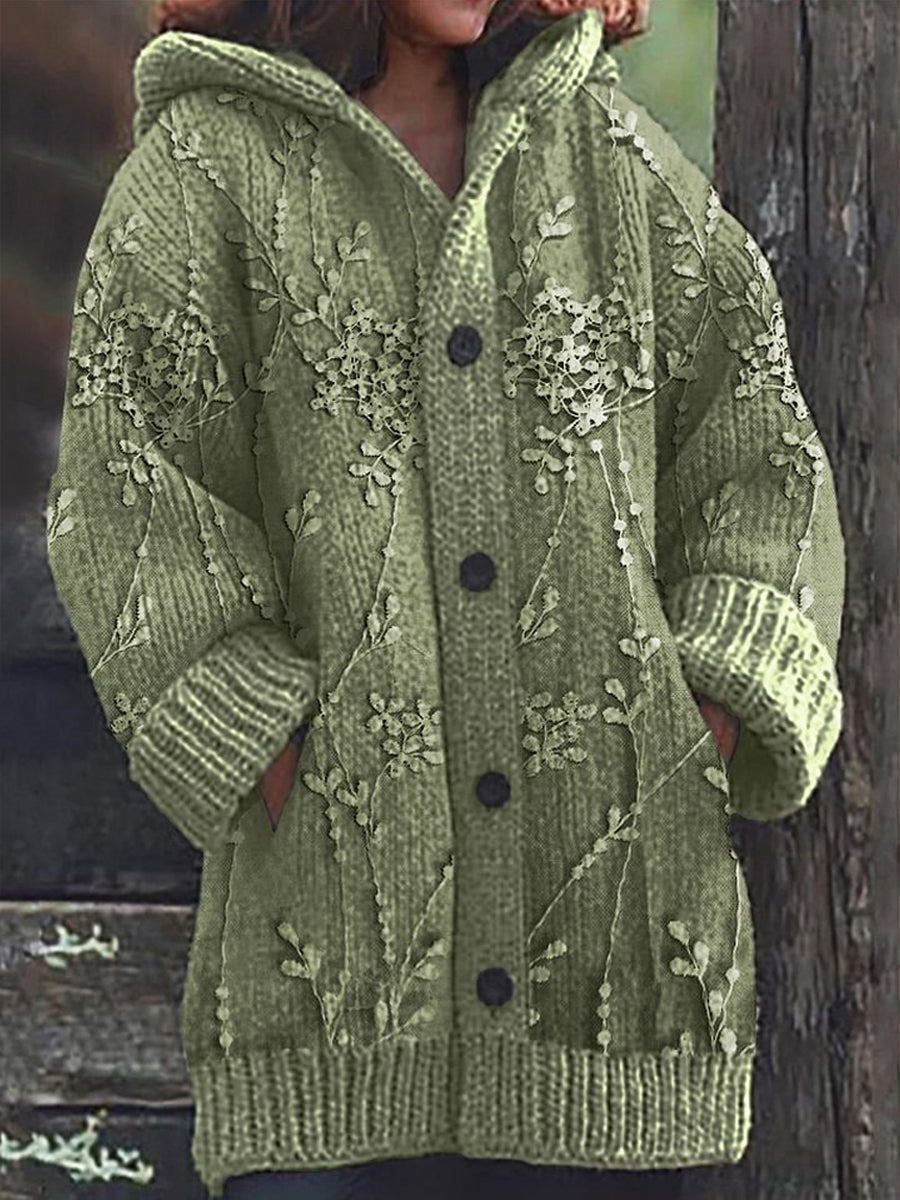 Rétro Romantique Dentelle Floral Imprimer Bouton Épais À Manches Longues À Capuche Cardigan Pull En Tricot