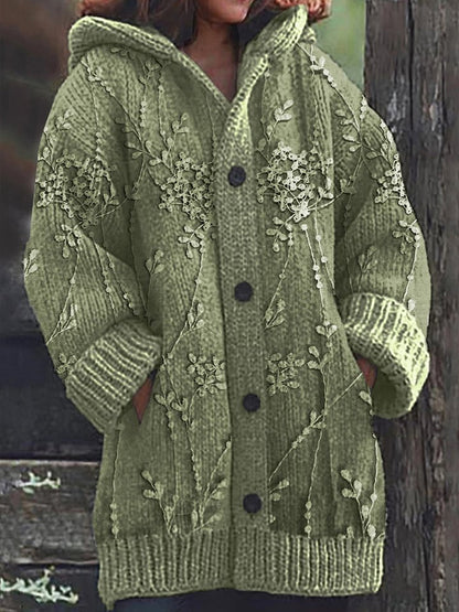 Rétro Romantique Dentelle Floral Imprimer Bouton Épais À Manches Longues À Capuche Cardigan Pull En Tricot