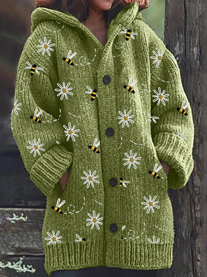 Abeille rétro imprimé floral boutonné épais à manches longues à capuche Cardigan Pull en tricot