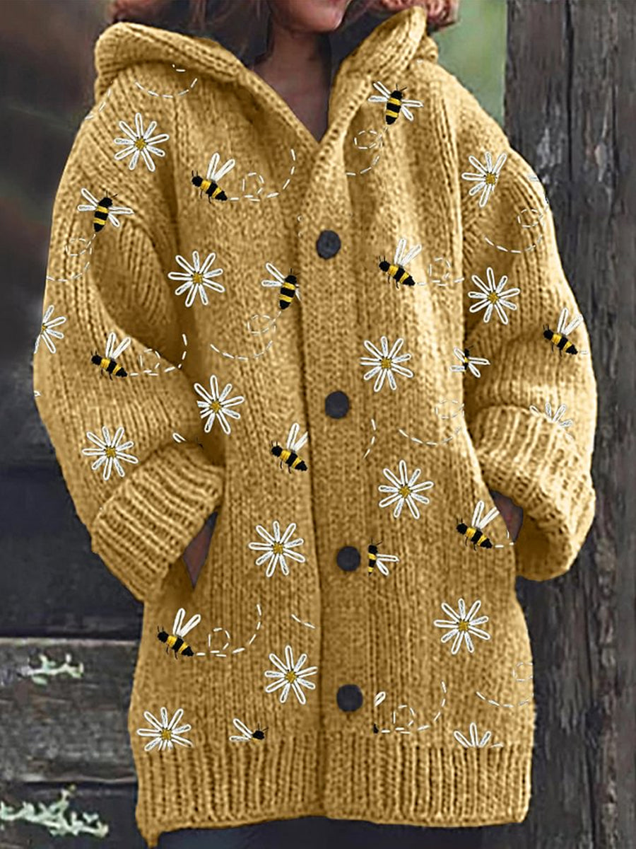 Abeille rétro imprimé floral boutonné épais à manches longues à capuche Cardigan Pull en tricot