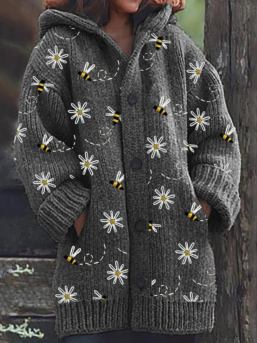 Abeille rétro imprimé floral boutonné épais à manches longues à capuche Cardigan Pull en tricot