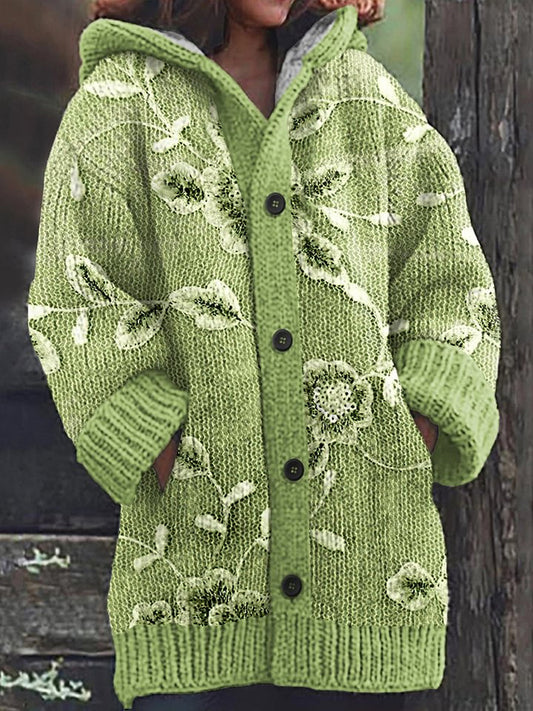 Rétro Romantique Dentelle Floral Imprimer Bouton Épais À Manches Longues À Capuche Cardigan Pull En Tricot