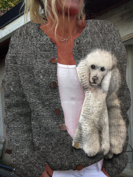 Rétro mignon chien imprimé boutonné décontracté à manches longues en tricot Cardigan Pull
